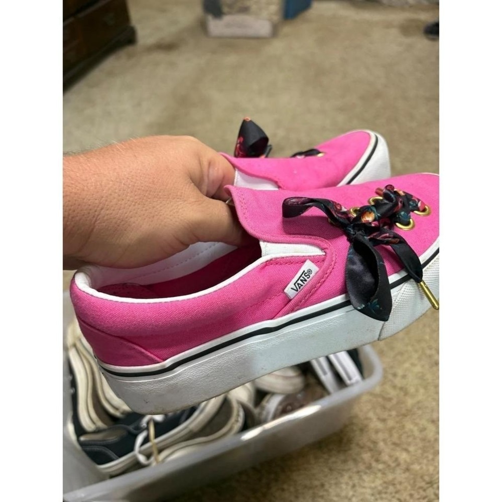 Vans Pink Slip On Sneakers Floral Ribbon Lace Up Low Top Shoes Womens 6.5